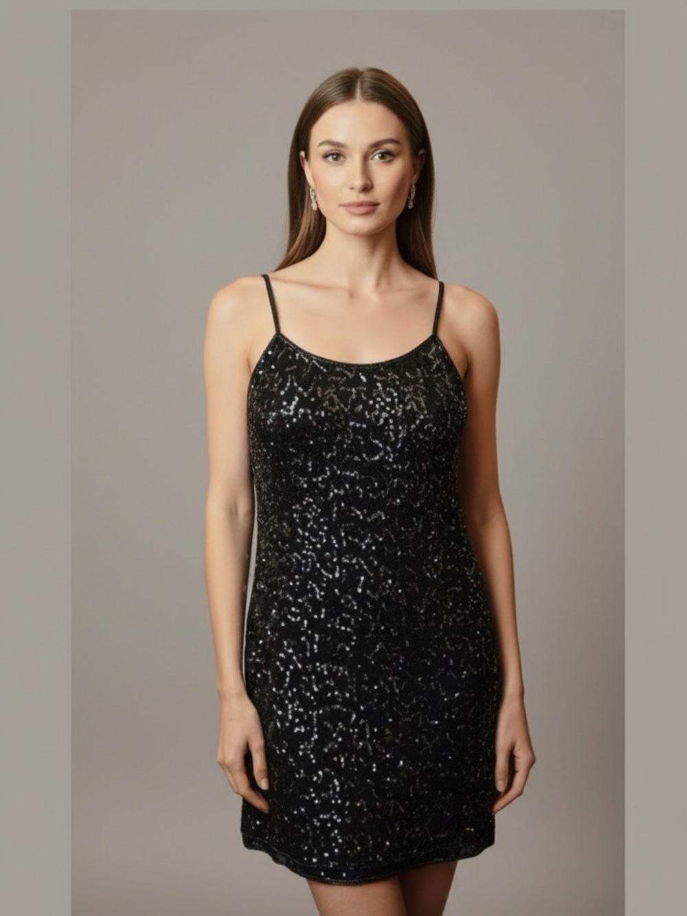 Designer Black Sequin Slip Evening Party Formal Dress Knee Length Size Med/Large